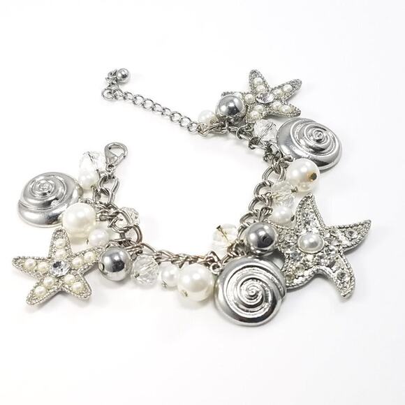 Starfish Ocean Sea Life Rhinestone Faux Pearl Charm Bracelet, 8 1/2 Inches - Picture 5 of 7
